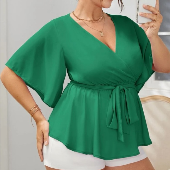 Plus Size Butterfly Peplum Sleeve Belted Top Blouse Shirt Green - Picture 6 of 6